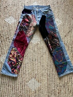 Vintage Levi's 501’s: 70’s Hippie Rock Chick, Patchwork Velvet & Paisley Patches